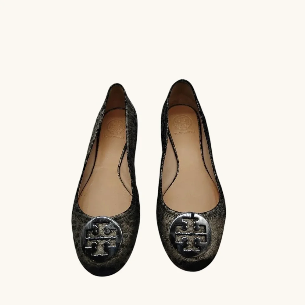 Tory Burch Ballet Flats‎ Luisa Anthracite Print Metallic Logo Women's Size 8M